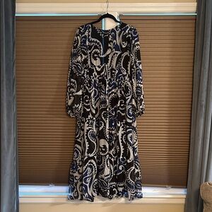 LOFT Black and Blue Paisley Long Sleeve Dress